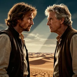 side view of han solo facing indiana jones, movie poster by steven spielberg