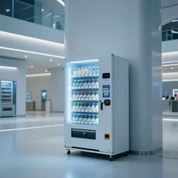 a scene of a futuristic vending machine in sky city mall in the style of the ( minority report ) film taken from a distance, minimalist, blue and white, cinematic lighting