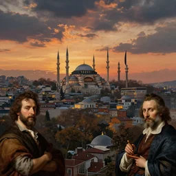 skyline of istanbul at sunset, by edgar maxence and caravaggio and michael whelan and delacroix style, artistic, intricate drawing, cinematic lighting, hyper realistic, extremely detailed, establishing shot, 8 k resolution, dramatic lighting