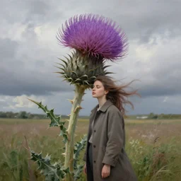 portrait, giant thistle flower head, girl wearing a coat in field, surreal photography, wind, cloudy sky, dramatic light, impressionist painting, digital painting, artstation, simon stalenhag