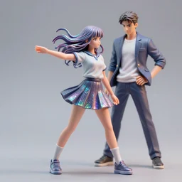 james jean and ilya kuvshinov isolated vinyl figure high school girl boy, expert figure photography, dynamic pose, interesting color palette material effects, glitter accents on figure, anime stylized, accurate proportions artgerm realism, high delicate defined details, holographic undertones, ethereal lighting, editorial awarded
