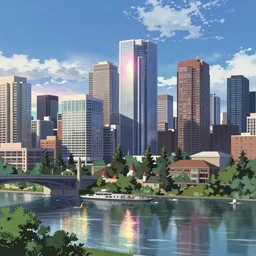 the city of Calgary skyline; anime still from OVA animated by Makoto Shinkai beautiful sunlight and reflections