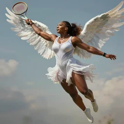 Serena Williams flying with a racket as Nike Goddess portrait, wings, luxuriant, dreamy, eternity, romantic, strong pose, highly detailed,in the style of Franz Xaver Winterhalter, highly detailed,in the style of Aetherpunk