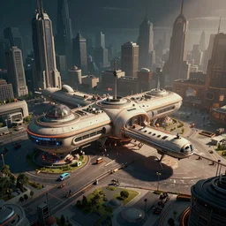 immaculate wide shot ambient occlusion of an retrofuturistic spaceport, cycles render, turbosquid, wide, isometric metropolis filmic, vaporwave, edward hopper, gotham