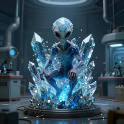 an alien trapped in a blue crystal in a abandoned lab, hyperrealistic, cgsociety, path traced, highly detailed, high quality, 8 k, dramatic lighting, cinematic, high coherence, anatomically correct, trending on artstation, midjourney style, epic scene, concept art, octane render, unreal engine 5, digital art, geometric