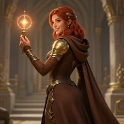 sideview of a dnd young priestess in a temple, earth attuned, brown robes, skintight, cloak, beautiful, light brown skin, red hair, happy, metallic brass accessories, spellcasting, derriere posing, high fantasy, detailed face, highly detailed, sharp focus, smooth, digital illustration, by clyde caldwell