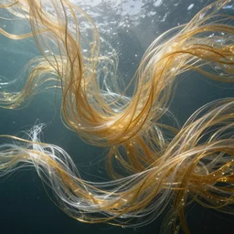 millions of thin threads of translucent gold and silver fabric unravel and twist and flow underwater in a strong sideways current, fantasy, magic, unreal engine