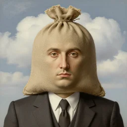 portrait of a burlap sack - head man in a suit, clouds in the background, by rene magritte, detailed painting, distance, centered, hd, hq, high resolution, high detail, 4 k, 8 k