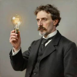painting of nikola tesla by leonardo da vinci very realistic and detailed. Holding a light bulb. Divine. Atereal location