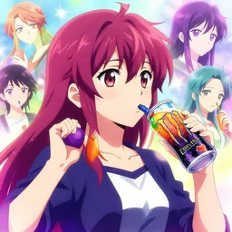 anime girl drinks energy drink, colorful, tsuruta kenji, murata range, pixiv, vibrant, magical fantasy, karolis strautniekas, kyoto animation