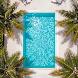 high quality color aerial view photo of a tropical island with a sparkling pool and palm tree leaves on the edges, pastel faded effect, synthwave colors