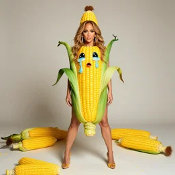 full body photo of jennifer lopez, she is wearing the funniest fashion cry costume of corn on a cob, studio lighting, corn on a cob everywhere