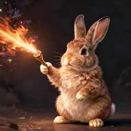 wizard rabbit shooting fire lazer with staff in paw bunny rabbit