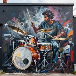 funereal by george ault. the street art is a gestural abstraction of a drummer in the midst of an improvised solo. a sense of rhythm & movement in the work.