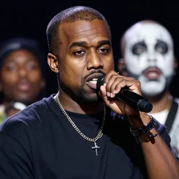 color still shot of kanye west lead singer performing in music group insane clown posse, face closeup