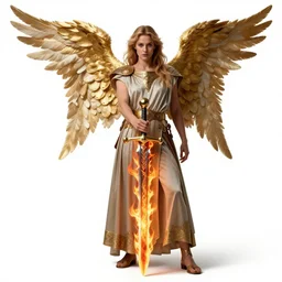 stoic archangel with flaming sword, photorealistic portrait photography, full body, standing, isolated on a pure white background, centered, whole figure in frame, sharp focus, studio lighting