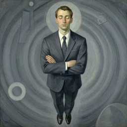 by tara mcpherson, by balthus, by mœbius. a drawing of a suit. the man's eyes are closed & he has a serene, content look on his face. his arms are crossed in front of him & is floating in space. background is swirling with geometric shapes & patterns.