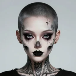 beautiful portrait goth kid, face tattoo scull, big eyes, balt head, sharp focus, smooth, digital illustration, by mcbess, dore, symmetry