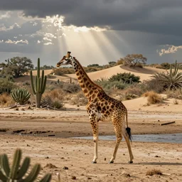 a giraffe walking along a dried up riverbed in london, sand dunes, cacti