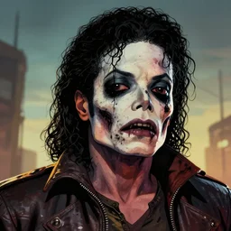 borderlands 3!!! very low angle head shot of michael jackson! cell shaded! scary head portrait of half zombie michael jackson! with dark eye sockets crow movie make up, zombie in horror concept art, llustration, postapocalyptic grunge, shocking, concept art by laurie greasley!!, highly detailed, zombie, sharp focus, hq, 4 k