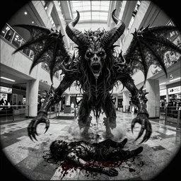 camera footage of weeping angels with horns, False Human Features, Diablo 3, abandoned shopping mall, Psychic Mind flayer, Terrifying, Insanity  :7 , high exposure, dark, monochrome, camera,  grainy, CCTV, security camera footage, timestamp, zoomed in, Feral, fish-eye lens, Fast, Radiation Mutated, Nightmare Fuel, Ancient Evil, No Escape, Motion Blur, horrifying, lunging at camera :4 bloody dead body, blood on floors, windows and walls :5