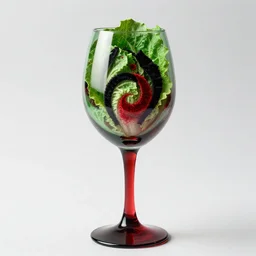 a photo of a green and red wine glass with a black and red vortex made of velvet shards in the shape of butter lettuce