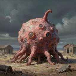 surreal painting of giant teratoma tumor on the ground of a ghost town