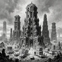 b & w inks of 4 character, tiered flayed god machines, cluster tiered heirarchy, battle chaos, mainframe hydrocracking battles, medical tables stacked, dystopian, by wayne d barlowe, h r giger, simon bisley & boris vallejo, enric torres, hyper realism, narrative light, muted colors, epic, hyper detailed, awe inspiring, award winning horror