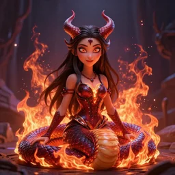 cosmic demon lofi queen of hell portrait, fire and flame of hell serpent, Pixar style, by Tristan Eaton Stanley Artgerm and Tom Bagshaw.