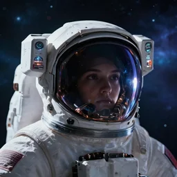 photorealistic scene of one cyberpunk astronaut helmet with light reflection looking at space with cosmos background, extremely close shot, 8k, cinematic, epic