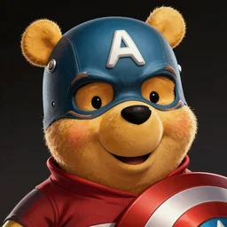 A marvel character portrait of Winnie the Pooh as Captain America, comic book cover, dark realistic artwork