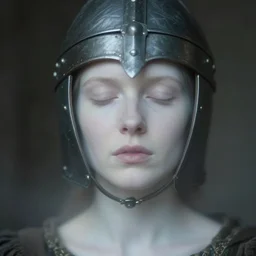 medieval helm, out of focus!!!!!!! photorealistic portrait of a beautiful pale woman by saul leiter, very blurry!!!!!!, translucent white skin, closed eyes, foggy, pale lips