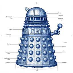 blueprint drawings for a dalek, year 1700 style, davinci, clear descriptions and labels