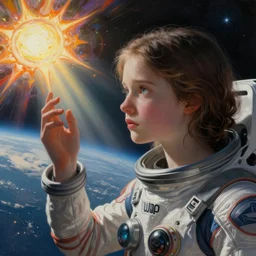 painting, young girl, beautiful face, gorgeous, light beams, above earth, cinematic lighting, outer space, touching sun beam, erupting colors, eva suit, sad, medium close up, extremely detailed, sharp focus, by greg rutkowski and [ [ [ wlop ] ] ], intricate, beautiful, award winning, trending on artstation, pixiv