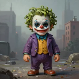 miniature joker ape kid, realistic and ultra intricate detailed soft painting, volumetric lighting, mist, cityscape background, Artstation, Tom Bagshaw Yasushi Nirasawa Moebius artstyle, unreal render, depth of field,