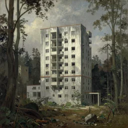 a painting of a building in the middle of a forest, a detailed matte painting by eugene von guerard, cgsociety, brutalism, matte painting, greeble, apocalypse landscape