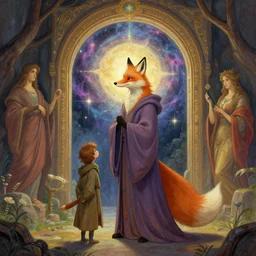 an anthropomorphic fox wizard and his apprentice, wearing long flowing robes, in front of a magical gateway to another universe, illustration by greg rutkowski, thomas kindkade, alphonse mucha, loish, norman rockwell, artstation, furaffinity