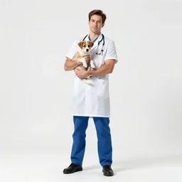 towering veterinarian holding a puppy, cinematic studio photo, full body, standing, isolated on a pure white background, centered, whole figure in frame, sharp focus, studio lighting