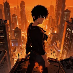 tatsuki fujimoto movie poster, randypunk, intricate cyberpunk city, orange overlooking city, street gang, dramatic lighting, epic composition, bladerunner