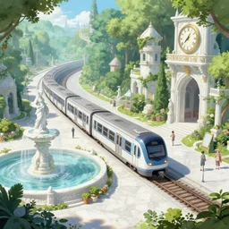 A train subway inside a beautiful elven city made of white marble, anime, lush trees, fountain, statue, big clock, information desk, trains, a fantasy digital painting by Greg Rutkowski and James Gurney, trending on Artstation, highly detailed