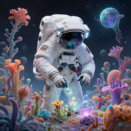 concept art. illustration. sci - fi. an astronaut explorer collecting samples for analysis of multicoloured strange weird plants and flowers from a different planet. high sci - fi. holographic, beautiful, ethereal