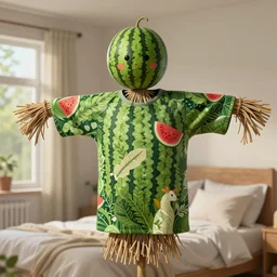 a scarecrow using a shirt with an amazing texture, holding a watermellon, patterns on shirts, gentle, posing, watermelon farm, vaporwave, bedroom, highly detailed, digital painting, artstation, concept art, smooth, sharp focus, illustration, art by artgerm and greg rutkowski and alphonse mucha