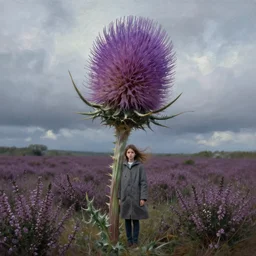 portrait, enormous thistle flower head, a girl wearing a coat in heather field, surreal photography, wind and cold, dramatic sky, impressionist painting, digital painting, artstation, simon stalenhag