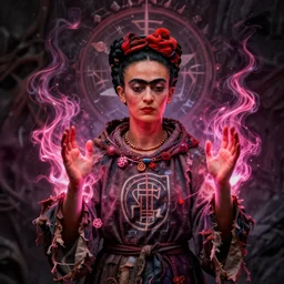 a necromancer pulsing with necrotic energy, art by frida kahlo, power auras, sigils, tattered cloth robes, substance 3 d painter, pbr textures, physical based rendering, cinematic, hyper realism, high detail, octane render, unreal engine, 8 k, smooth gradients, high contrast, depth of field, aperture f 2. 8