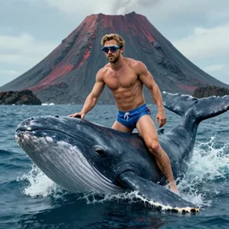 ryan gosling in swimming trunks and cyberpunk style goggles rides a killer whale in a vulcano