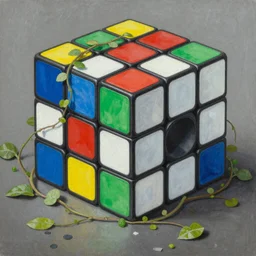 A beautiful painting of an abandoned Rubik's cube factory, by Alex Grey, overgrown with vines by Hans, very detailed, featured on artstation