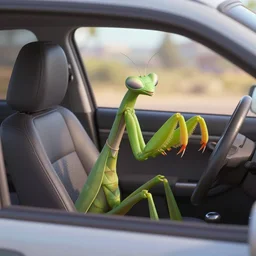 pixar style praying mantis in a driver seat of a car, 4 k, detailed, octane renderer