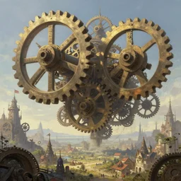 giant gears floating in nothingness, clockwork, giant mechanisms, industry, steampunk villages castles, buildings vista artstation illustration sharp focus sunlit vista painted by ruan jia raymond swanland lawrence alma tadema zdzislaw beksinski norman rockwell tom lovell alex malveda greg staples