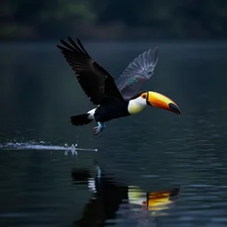 photorealistic, very detailed, toucan flying on a lake, reflections, midnight, lake, reflections, dark, mystery, wavy lake, dark atmosphere, dark sky