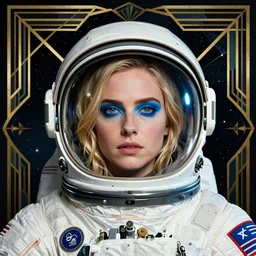 the actress, eva green in space, art by coles phillips, eva green as a french astronaut from the year 2 5 0 0, blonde hair, blue makeup, green eyes, reflective visor, space agency decals, shiny helmet, mucha, kandinsky, art deco, dark deco,